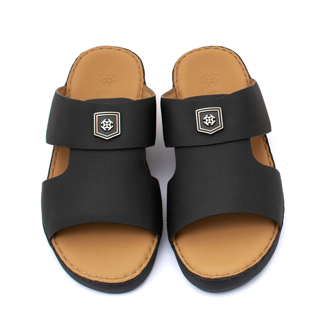 Genuine Saffiano Leather Arabic Slipper with Signature Shield Buckle